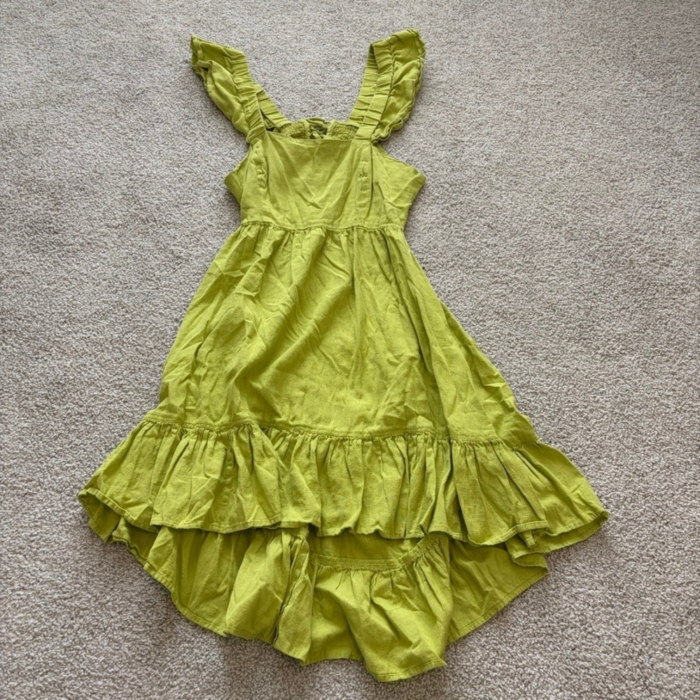 Dizzy Lizzy Mini Dress Womens L Green Cotton Ruffle Open Back Resort Beach